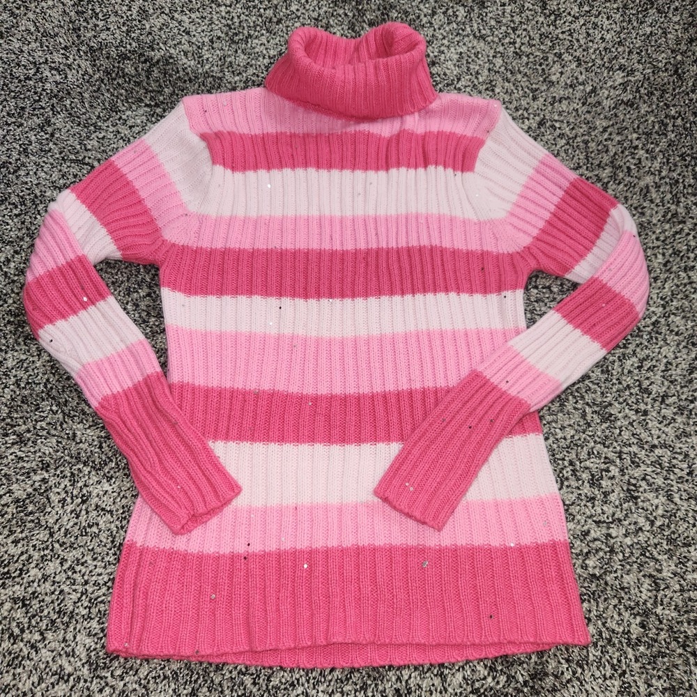 Vtg Y2K 90's Ribbed Fitted Turtleneck Sweater Pink Bling Mallcore Girls Sz 10/12